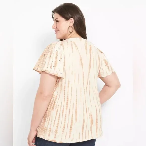 Lane Bryant - Relaxed Eyelet Flutter-Sleeve Henley Knit Top - Tie-Dye - Picture 3 of 5